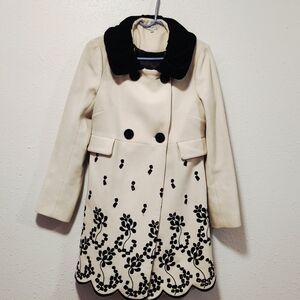 Campaigne Ivory Wool Coat Black Floral Embroidery Velvet Collar Boho Size 12